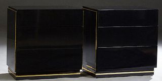 Pair of Black Lacquer Two Drawer Nightstands, 20th c., by Via Veneto, Bridgeford, on plinth bases, the sides with brass edges, H.- 2...