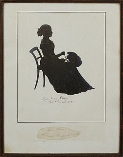 New Orleans Hand Painted Silhouette of a Seated Woman with a Parasol, inscribed "Miss Maria Palfrey, New Orleans, Feb 14, 1844," oil...