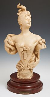After Carrier, Polychromed Art Nouveau Ceramic Figure, early 20th c., of "Honneur," on a faux marble wooden plinth, with a metal tit...