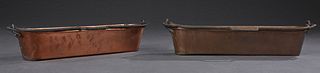 Two French Copper Fish Poaching Pans, late 19th c., with folding iron handles, Larger- H.- 4 1/2 in., W.- 24 1/6 in., D.- 7 1/2 in.