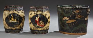 Group of Three Oriental Black Lacquer Tea Storage Boxes, 20th c., two of octagonal baluster form with scenic and figural decoration;...