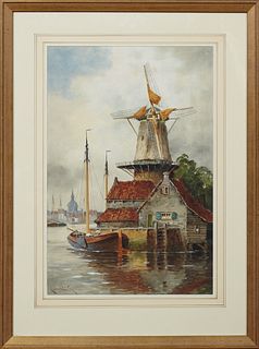 Louis Van Staaten (Hermanus Koekkoek) (1836-1909, Dutch), "Harbor Scene with Windmill," late 19th c., watercolor, signed lower left,...