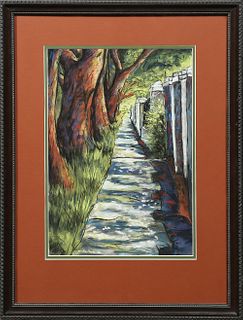 Darryl d'Aiello, "Trees along a Wooded Path," 20th c., pastel, signed lower left, presented in a relief mahogany frame, H.- 17 in.,...
