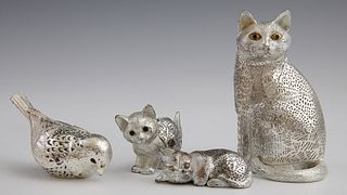 Group of Four Christofle Silverplated Animals, 20th c., from the Lumiere collection, consisting of a cat, two kittens and a bird, th...