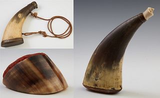 Group of Three Bovine Items, early 20th c., consisting of a hoof pin cushion, a brass and powder/shot horn, and a powder/shot horn w...