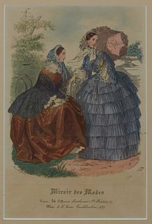 French "Miroir de Modes," 19th c., fashion print, presented in a gilt and gesso frame, H.- 11 in., W.- 7 1/4 in.