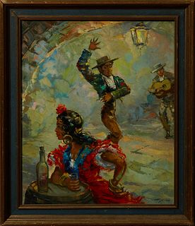 Andre Gior, "Flamenco Dancers," 20th c., oil on canvas, signed lower right, presented in a gilt and gesso frame, H.- 22 3/4 in., W.-...