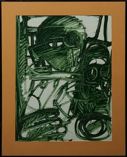 Patrick Boudon (1944- ), "Abstract in Green," 20th c., gouache, signed lower right, presented in a black metal frame, H.- 24 3/4 in....