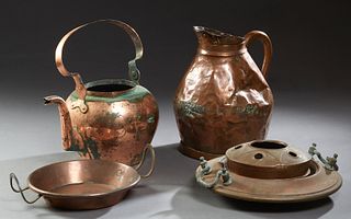 Group of Four Pieces of French Provincial Copper, 19th c., consisting of a large pitcher; a tea kettle with a copper handle; a bed w...
