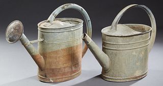 Two French Provincial Galvanized Iron Watering Cans, early 20th c., Larger- H.- 15 1/2 in., W.- 24 1/2 in., D.- 7 1/2 in.