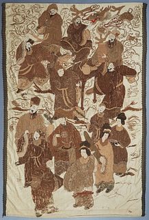 Oriental Embroidered Silk Panel, 20th c., with figural and drago decoration, the top end with sewn in metal hanging rings, H.- 105 in., W.- 60 in. 