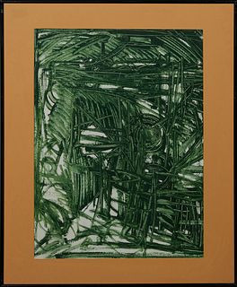 Patrick Boudon (1944-1988, French), "Abstract in Green," gouache on paper, signed lower right, presented in a black metal frame, H.-...