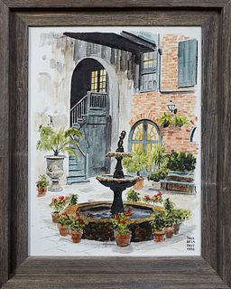 Paul De La Fille (1927-2010, New Orleans), "French Quarter Patio," 1986, watercolor, signed and dated lower right, presented in a ru...