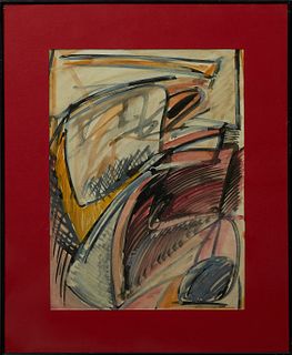Patrick Boudon (1944- ), " Abstract, "20th c., gouache, signed lower right, presented in a black metal frame with a wide red mat, re...