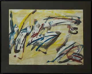 Patrick Boudon (1944- ), " Abstract in Yellow, "20th c., gouache, signed lower right, presented in a black metal frame, H.- 19 1/2 i...