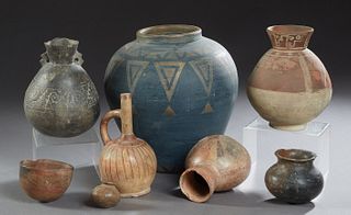 Group of Eight Pre-Columbian Pottery Pieces, 19th c., consisting of a large blue and white geometric painted baluster jar; a pitcher; a kidney shaped 
