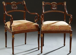Pair of Empire Style Carved Mahogany Fauteuils, 20th c., the shell carved scrolled curved back over a curved horizontal splat, to sc...