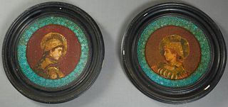 Italian School, "Portraits of Medieval Males," 20th c., oil on circular metal plaques, on stepped ebonized frames, H.- 1 5/8 in., Fr...
