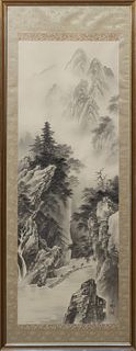 Chinese School, "Mountain Landscape with River Below and People on Log Rafts," early 20th c., watercolor on silk, with a calligraphi...