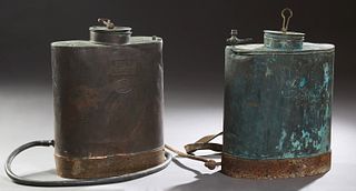 Two French Provincial Copper Bug Sprayers, 19th c., one with leather straps to be worn, H.- 19 in., W.- 14 in., D.- 7 1/2 in., (2 Pcs.)