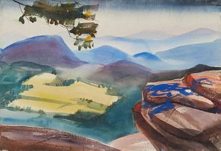 Robert Brandt (New Orleans), "Hilly Landscape," 20th c., watercolor, unsigned, shrinkwrapped, H.- 15 in., W.- 22 in.