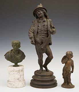 Group of Three Cabinet Figures, 19th c., consisting of a bronze minstrel, by Lalouette, signed; a spelter cupid; and a patinated bronze of a Roman emp