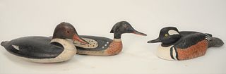 Three Merganser Decoys to include one hooded merganser by Tom Matus, 1985, Waterford, Connecticut, hollow body, incised wing carving...