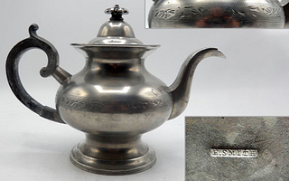 Engraved Pewter Teapot Marked by Eben Smith