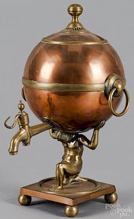 English brass and copper water urn, 19th c., depicting Atlas holding the globe, 12 1/2'' h.