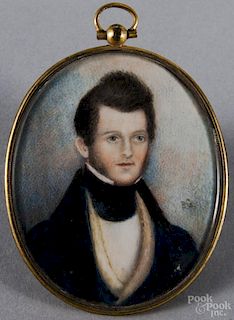 English miniature watercolor on ivory portrait of a young man, ca. 1830, initialed B.G.