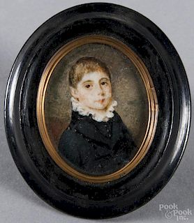 English miniature watercolor on ivory portrait of a boy, ca. 1830, 2 1/4'' x 1 3/4''.