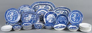 Forty-eight pieces of assorted blue and white Staffordshire dinnerware, after the Blue Willow pattern