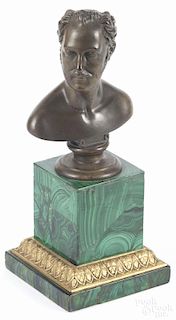 French patinated bronze bust of a gentleman, late 19th c., on a malachite base, 7 1/4'' h.