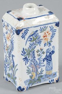 Delft polychrome tea caddy, probably late 19th c., 4 3/4'' h. Provenance: DeHoogh Gallery, Philadelphia