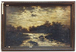 19C American Romantic Moonlit Landscape Painting