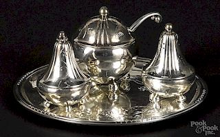 Georg Jensen sterling silver condiment set, to include salt and pepper shakers, a mustard pot