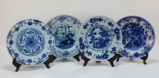 4 Delft Blue and White Botanical Pottery Plates