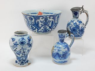 4PC 18C Delft Pottery Vase Bowl Pitcher Group