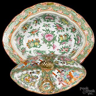 Chinese export rose medallion porcelain covered vegetable, 19th c., 4'' h., 11 1/4'' w.