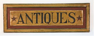 Large Red and Blue Antiques Sign