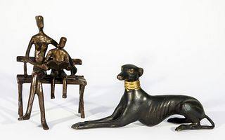 2 Modern Art Deco Bronze Dog and Family Statues