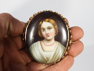 19C Germany Painted Porcelain Brooch