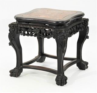 Chinese Carved Hardwood Pudding Stone Table