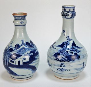 2 Chinese Blue and White Landscape Bottle Vases