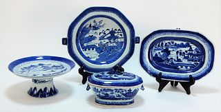 4PC Chinese Canton Blue and White Porcelain Group