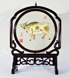 Chinese Silk Ox Embroidered Table Screen