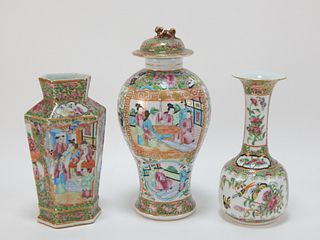 3 Chinese Rose Medallion Vases Group