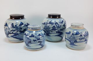4 Chinese Canton Blue and White Ginger Jars