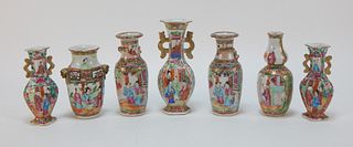 7PC Chinese Rose Medallion Miniature Vase Group