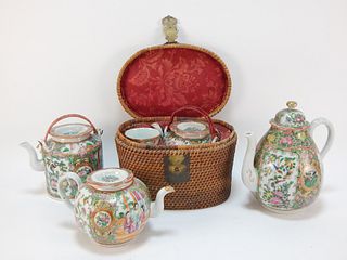 4PC Chinese Rose Medallion Porcelain Teapot Group
